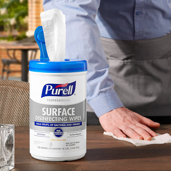 PURELL Professional Surface Disinfecting Wipes, Citrus Scent, 110 Count Canister, 7"x 8" Wipes (Pack of 6)
