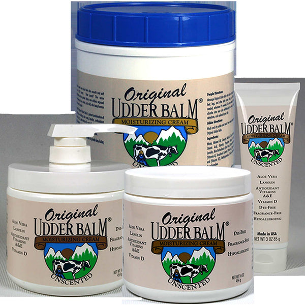 Unscented Original Udder Balm group picture of all 4 sizes